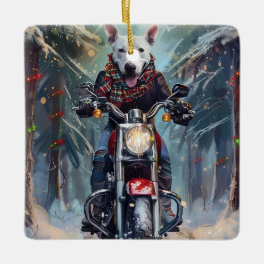 Bull Terrier Dog Riding Motorrad Weihnachten Keramikornament (Vorderseite)