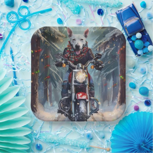 Bull Terrier Dog Riding Motorrad Weihnachten Pappteller (Party)