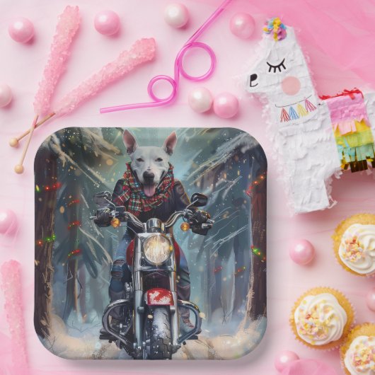 Bull Terrier Dog Riding Motorrad Weihnachten Pappteller (Party)