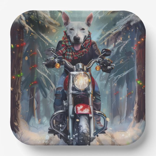 Bull Terrier Dog Riding Motorrad Weihnachten Pappteller (Vorderseite)