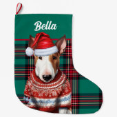 Bull Terrier Dog Rot und Grün Kariert Personalisie Großer Weihnachtsstrumpf (Vorderseite)