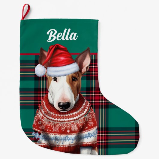 Bull Terrier Dog Rot und Grün Kariert Personalisie Großer Weihnachtsstrumpf (Vorderseite)