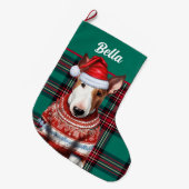 Bull Terrier Dog Rot und Grün Kariert Personalisie Großer Weihnachtsstrumpf (Vorderansicht (hängend))