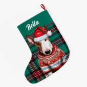 Bull Terrier Dog Rot und Grün Kariert Personalisie Großer Weihnachtsstrumpf (Rückseite (Hängend))