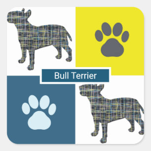 Bull Terrier Dog Silhouette & Paw Y&B Grid Quadratischer Aufkleber