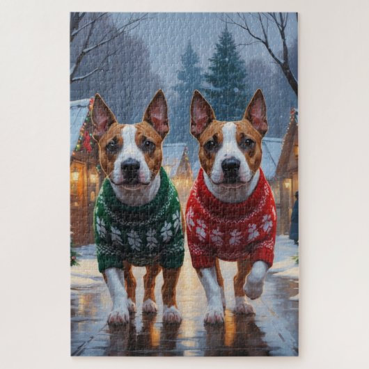 Bull Terrier Dogs Christmas Snow Holiday Puzzle (Vertikal)