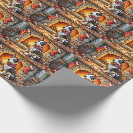 Bull Terrier Fireplace with Christmas Lights Geschenkpapier (Ecke)