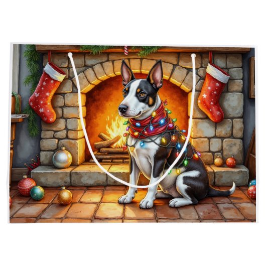 Bull Terrier Fireplace with Christmas Lights Große Geschenktüte (Rückseite)