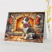 Bull Terrier Fireplace with Christmas Lights Karte (Gelbe Blume)