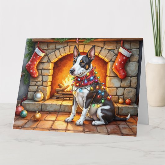 Bull Terrier Fireplace with Christmas Lights Karte (Vorderseite)