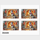 Bull Terrier Fireplace with Christmas Lights Rechteckiger Aufkleber (Blatt)