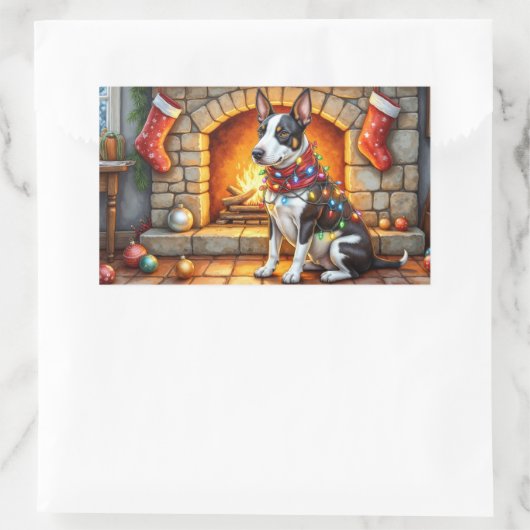 Bull Terrier Fireplace with Christmas Lights Rechteckiger Aufkleber (Tasche)
