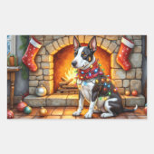 Bull Terrier Fireplace with Christmas Lights Rechteckiger Aufkleber (Vorderseite)