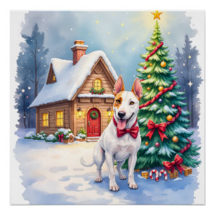 Bull Terrier Gemütliches Cottage Weihnachtsbaum Ku Poster