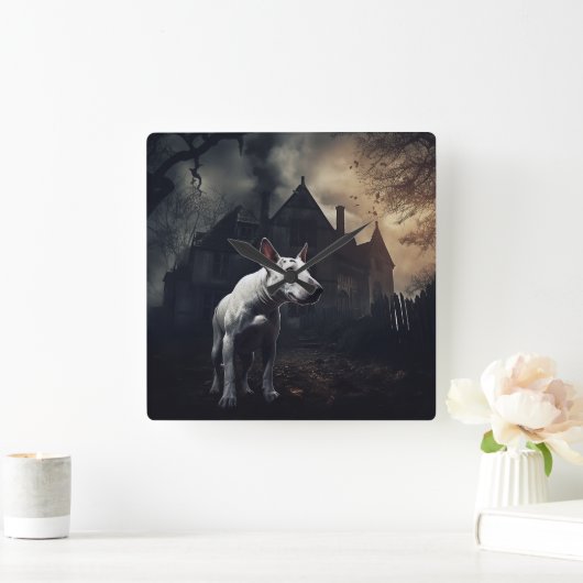 Bull Terrier Halloween Beängstigend Quadratische Wanduhr (Zuhause)