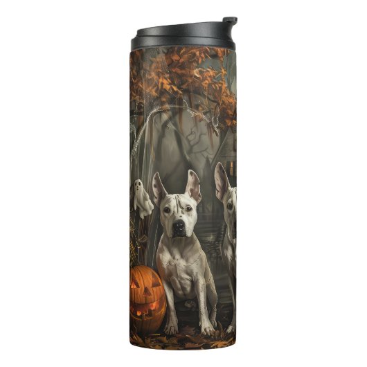 Bull Terrier Halloween Night Doggy Delight Thermosbecher (Nach links gedreht)