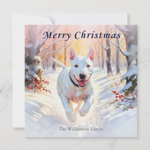 Bull Terrier Hund im Schnee Frohe Weihnachten