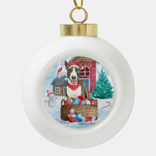 Bull Terrier Hund im Schnee Weihnachtshundehaus Keramik Kugel-Ornament