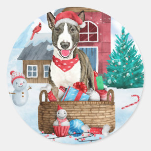 Bull Terrier Hund im Schnee Weihnachtshundhaus Runder Aufkleber