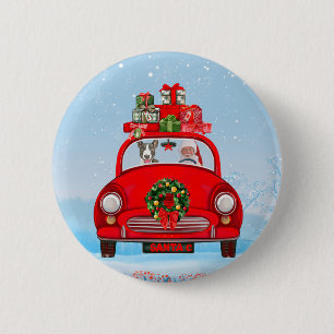 Bull Terrier Hund in Auto mit dem Weihnachtsmann Button