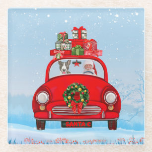 Bull Terrier Hund in Auto mit dem Weihnachtsmann Glasuntersetzer