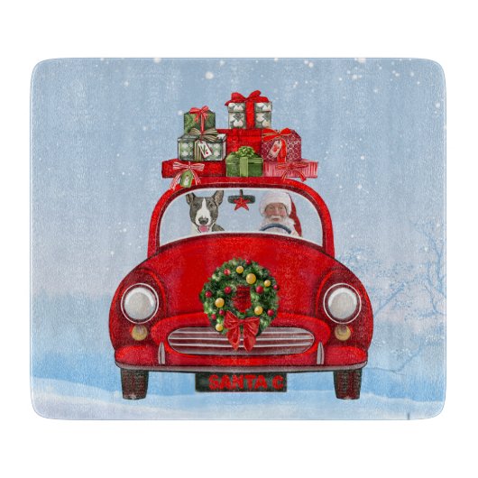 Bull Terrier Hund in Auto mit dem Weihnachtsmann Schneidebrett (Vorderseite)