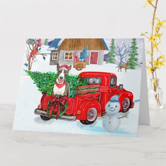 Bull Terrier Hund in Christmas Delivery LKW Schnee Karte (Gelbe Blume)