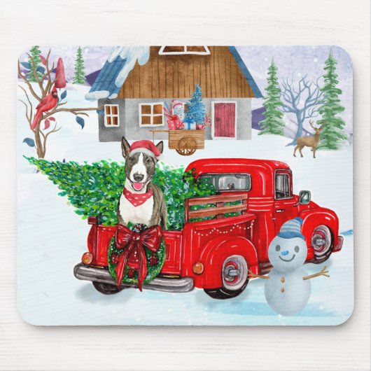 Bull Terrier Hund in Christmas Delivery LKW Schnee Mousepad (Vorne)