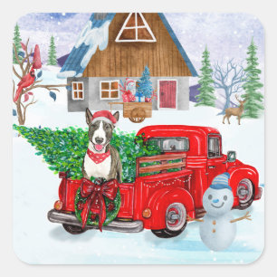 Bull Terrier Hund in Christmas Delivery LKW Schnee Quadratischer Aufkleber