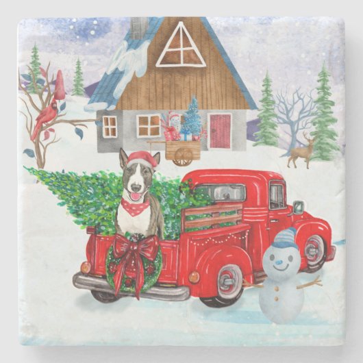 Bull Terrier Hund in Christmas Delivery LKW Schnee Steinuntersetzer (Vorderseite)