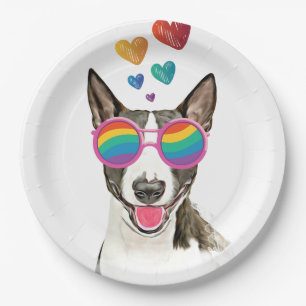 Bull Terrier Hund mit Herzchen Valentinstag Pappteller