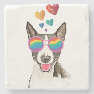 Bull Terrier Hund mit Herzchen Valentinstag Steinuntersetzer