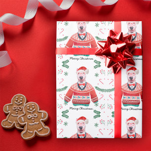 Bull Terrier Hund trägt Weihnachtspullover Festlic Geschenkpapier