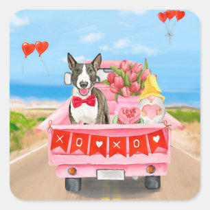 Bull Terrier Hund Valentinstag Lastwagen Herzen Quadratischer Aufkleber