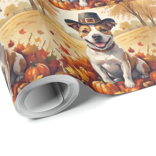 Bull Terrier im Herbst hinterlässt Erntedank Art Geschenkpapier (Rolleneckpunkt)