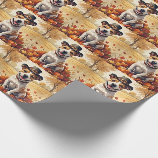 Bull Terrier im Herbst hinterlässt Erntedank Art Geschenkpapier (Ecke)