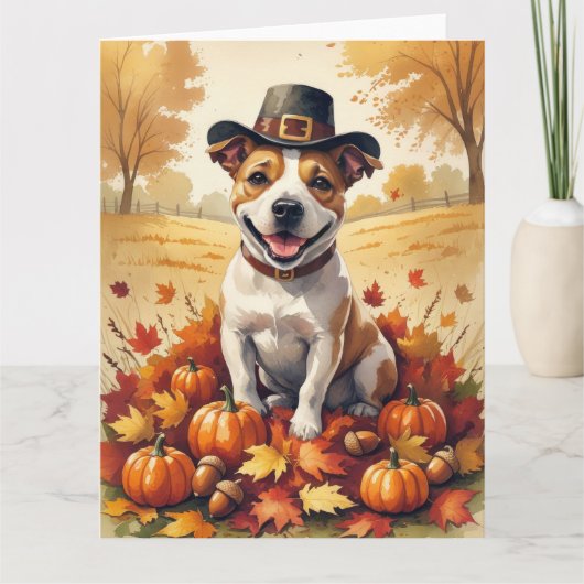 Bull Terrier im Herbst hinterlässt Erntedank Art Karte (Vorderseite)