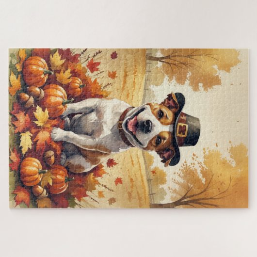 Bull Terrier im Herbst hinterlässt Erntedank Art Puzzle (Horizontal)