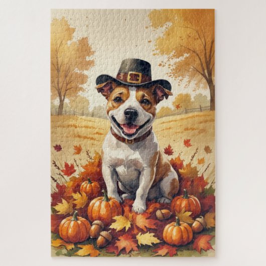 Bull Terrier im Herbst hinterlässt Erntedank Art Puzzle (Vertikal)