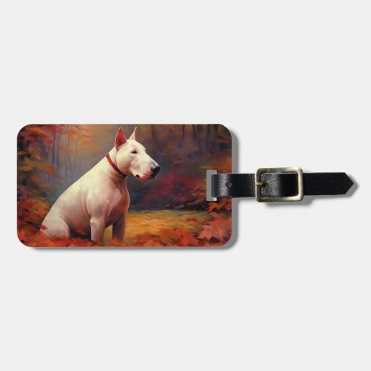 Bull Terrier im Herbst Leaves Fall Inspiriert Gepäckanhänger (Vorderseite horizontal)