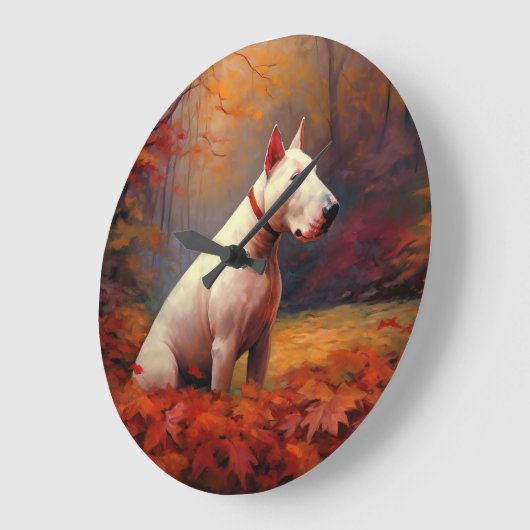 Bull Terrier im Herbst Leaves Fall Inspiriert Große Wanduhr (Winkel)