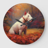 Bull Terrier im Herbst Leaves Fall Inspiriert Große Wanduhr (Vorderseite)