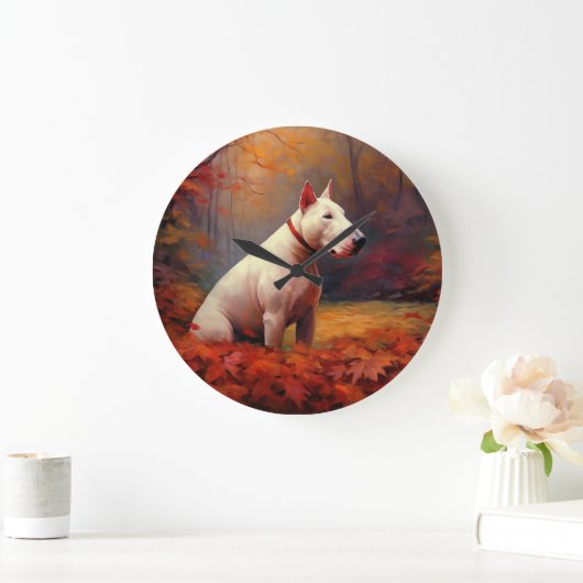 Bull Terrier im Herbst Leaves Fall Inspiriert Große Wanduhr (Zuhause)