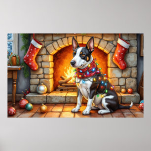 Bull Terrier Kamin mit Weihnachtslichtern Poster