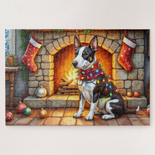 Bull Terrier Kamin mit Weihnachtslichtern Puzzle (Horizontal)