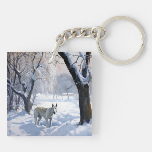 Bull Terrier Lass es Weihnachten schnee Schlüsselanhänger (Rückseite)