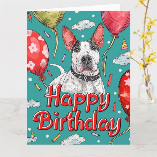 Bull Terrier mit Balloons Karte (Gelbe Blume)