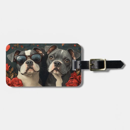 Bull Terrier mit Herz-Rose Valentinstag Gepäckanhänger (Vorderseite horizontal)