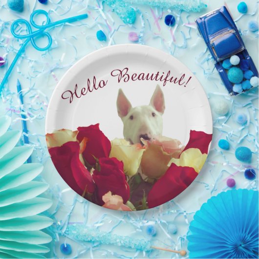 Bull Terrier mit Rose Gruß - Hallo schön Pappteller (Party)