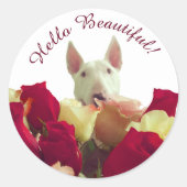 Bull Terrier mit Rose - Hallo schön Runder Aufkleber (Vorderseite)
